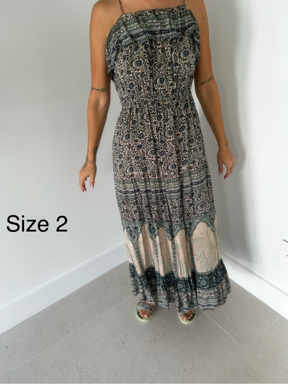 Smocked Strapless Maxi Dress in Green Paisley Print